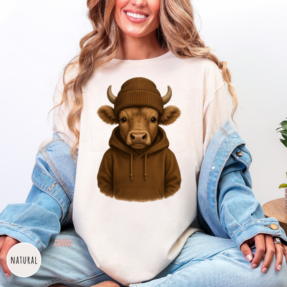 Woman wearing a natural shirt featuring a cute Highland cow wearing a cozy brown hoodie and knit beanie, rustic western design.