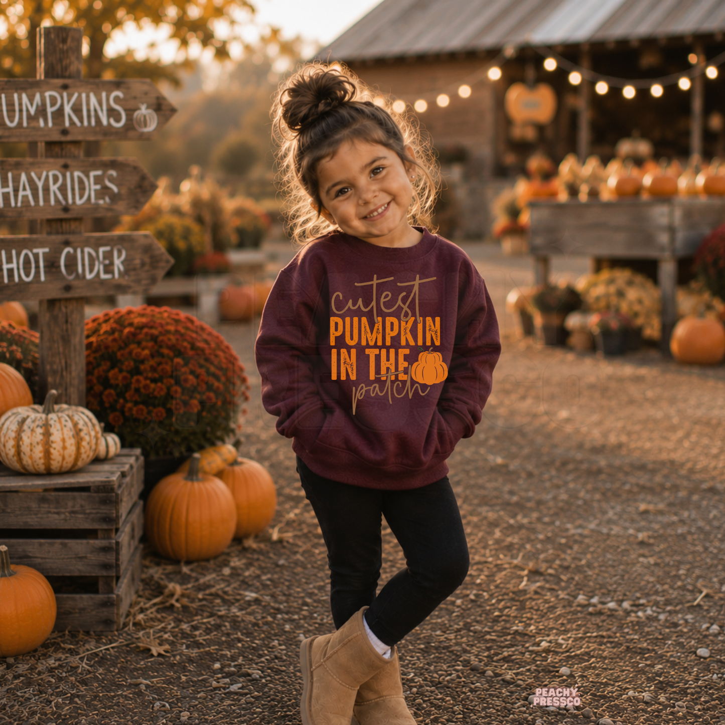 Smiling toddler girl wearing a maroon "Cutest Pumpkin in the Patch" crewneck sweatshirt at a cozy pumpkin patch during autumn.