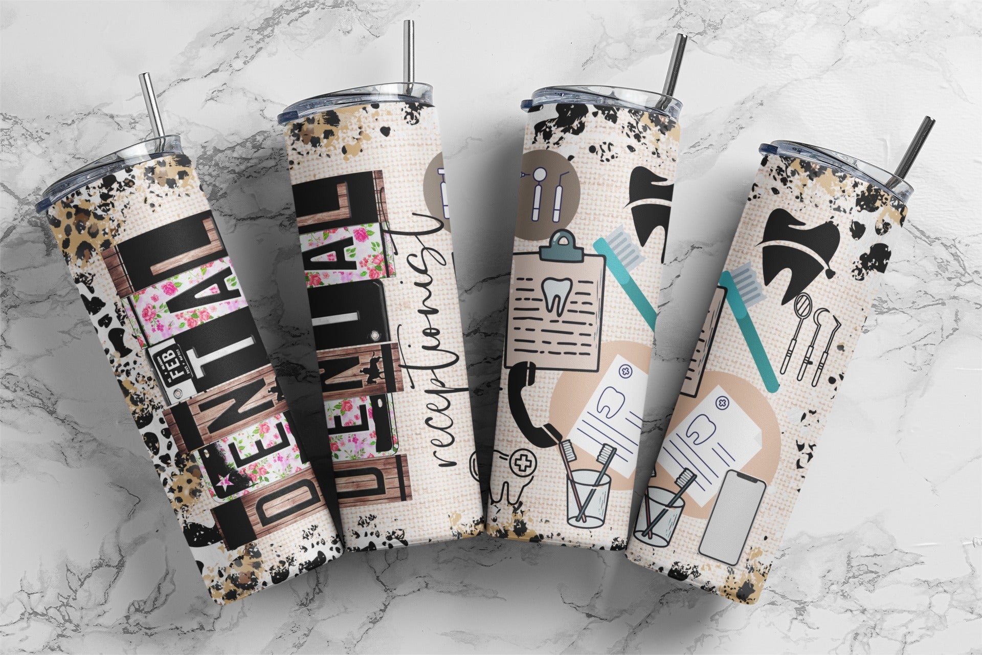 20oz skinny tumbler featuring a Dental Receptionist license plate design with floral accents, wood texture, leopard print, and dental-themed details. A thoughtful gift for dental receptionists and front desk staff.