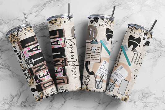 20oz skinny tumbler featuring a Dental Receptionist license plate design with floral accents, wood texture, leopard print, and dental-themed details. A thoughtful gift for dental receptionists and front desk staff.