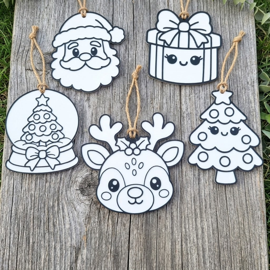 Set of five white outline Christmas ornaments featuring Santa, a gift box, a snow globe, a reindeer, and a tree designed for kids to colour in