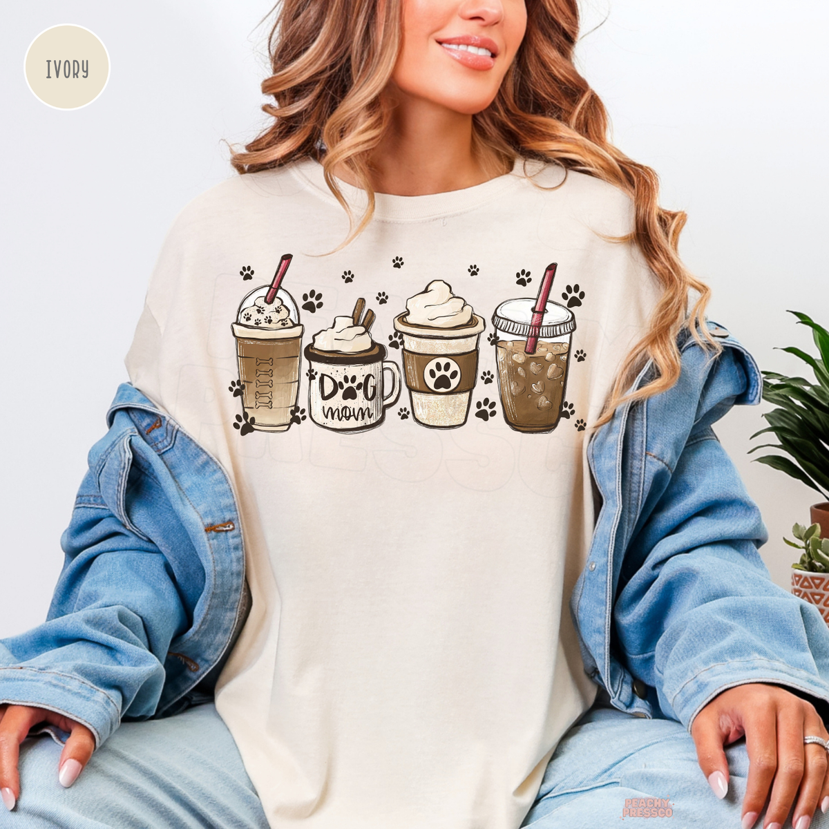 Comfort Colors Ivory dog mom tee with a coffee cup graphic and paw print details for dog lovers