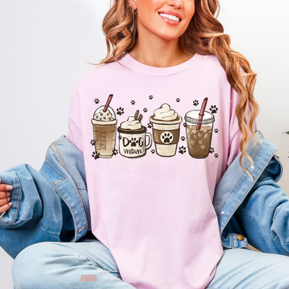 Light pink dog mom coffee sweatshirt with illustrated iced coffee, whipped cream drinks and paw prints