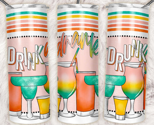 20oz stainless steel tumbler featuring colorful retro cocktail glasses, rainbow typography, and a playful "Drink Drank Drunk" design. Perfect for parties, girls' trips, and happy hour.