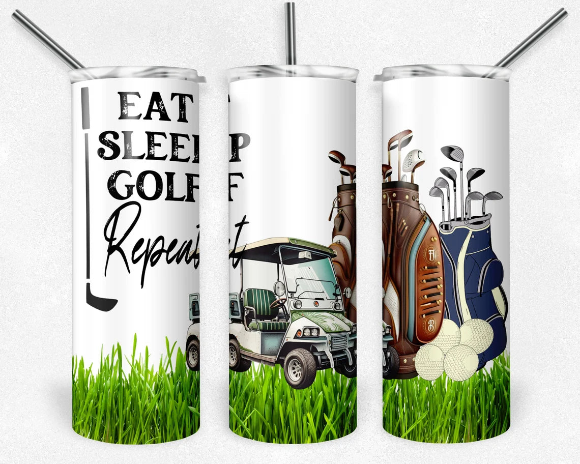 20oz skinny tumbler featuring an "Eat Sleep Golf Repeat" design with golf cart, golf bags, golf balls, and stainless steel straw.