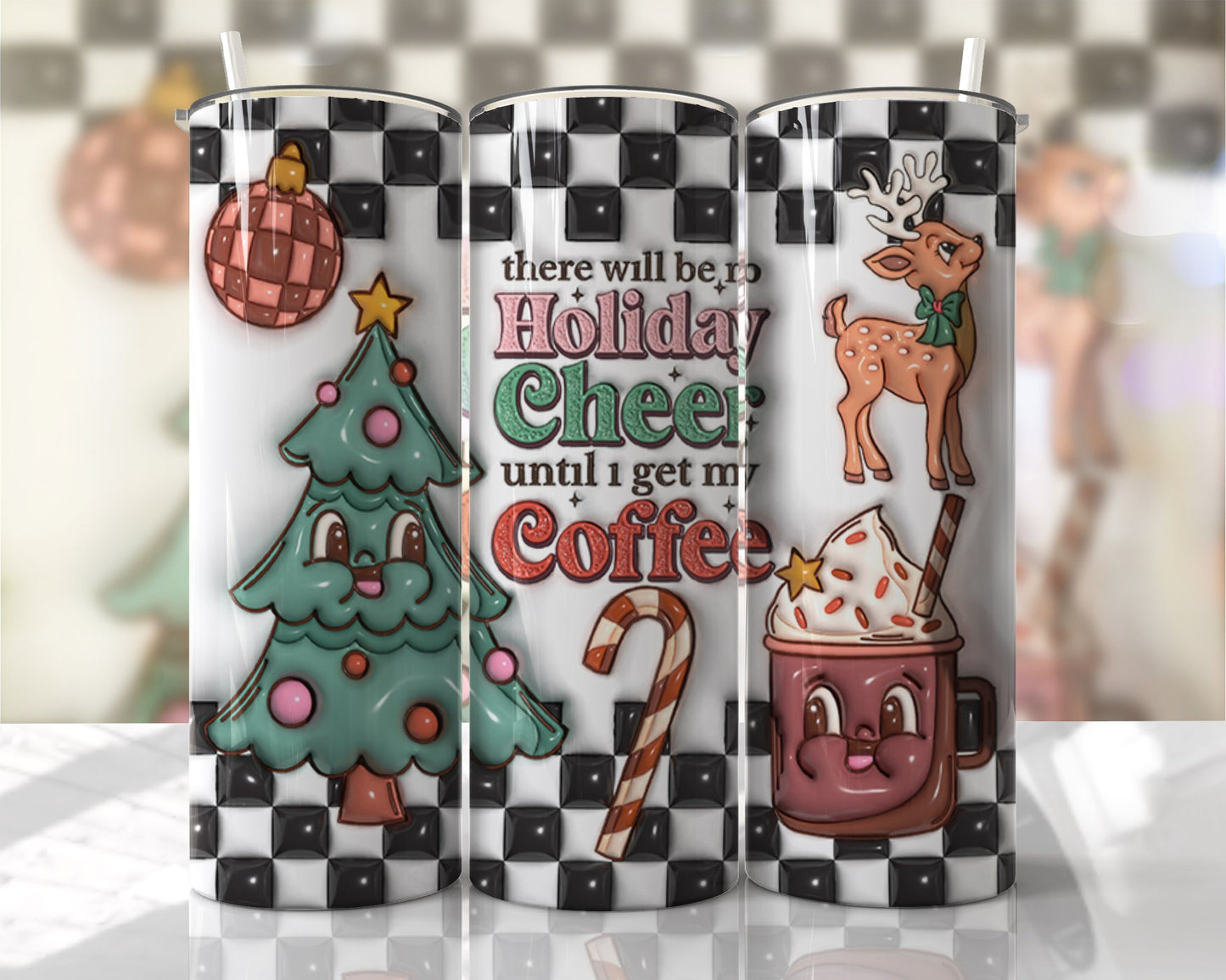 Funny Holiday Coffee Tumbler – Cute Christmas Tree & Reindeer 20oz Cup