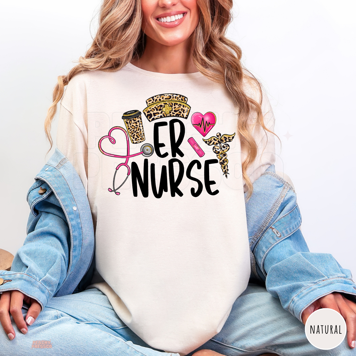 Natural ER Nurse shirt with leopard print nurse hat, pink medical heart, stethoscope and coffee cup illustration.