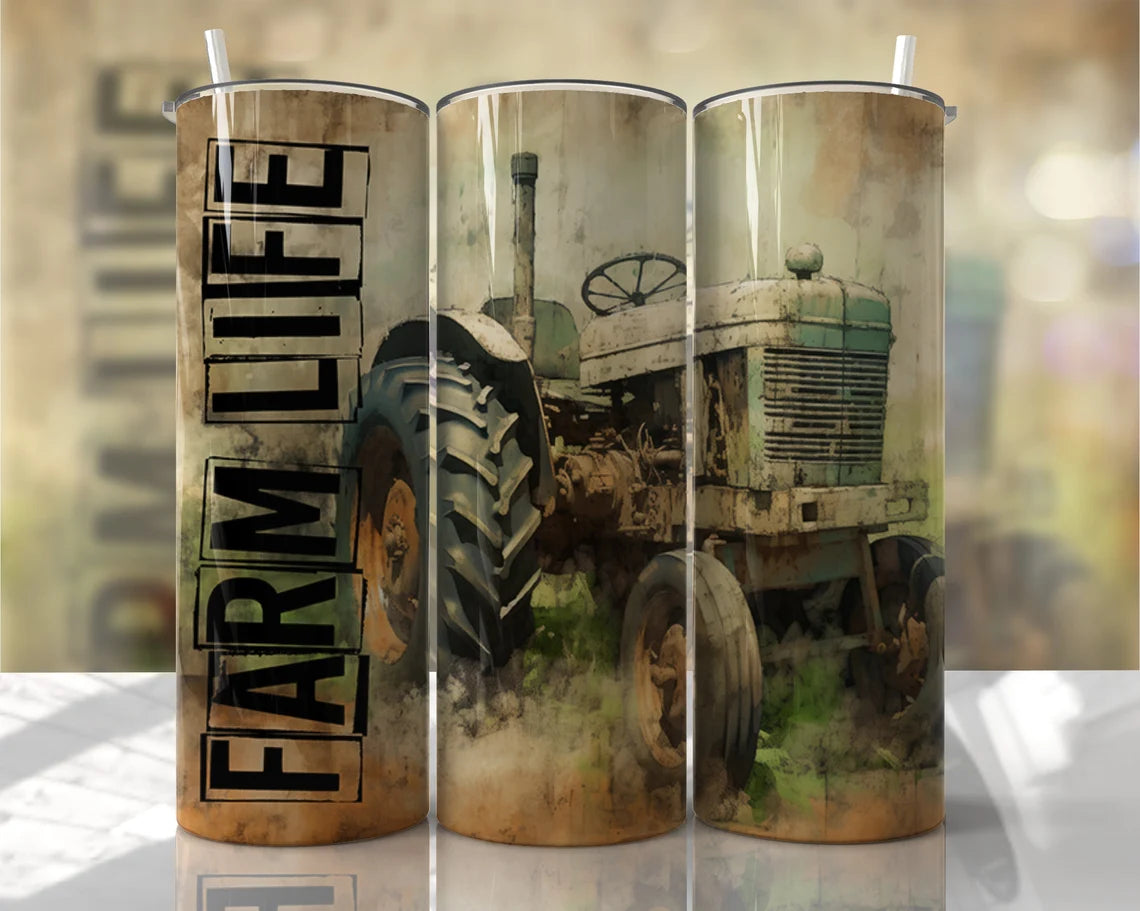 Farm Life tumbler featuring vintage green tractor with rustic country farm artwork.