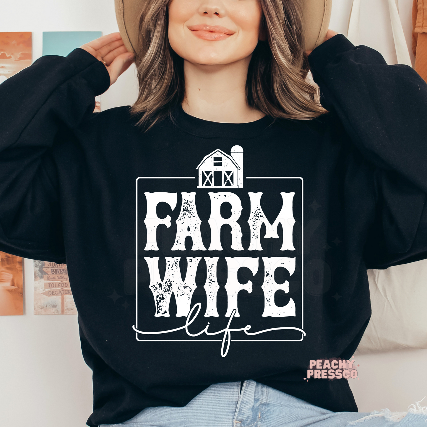 Black Farm Wife Life sweatshirt with white distressed farmhouse graphic, rustic country western apparel for farm wives.