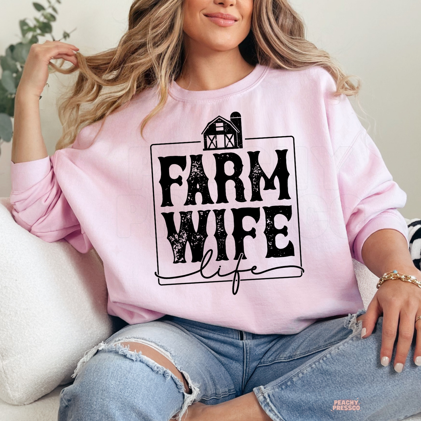 Light pink Farm Wife Life sweatshirt with distressed farmhouse graphic, cute western country apparel for farm wives.