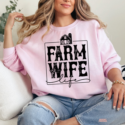 Light pink Farm Wife Life sweatshirt with distressed farmhouse graphic, cute western country apparel for farm wives.