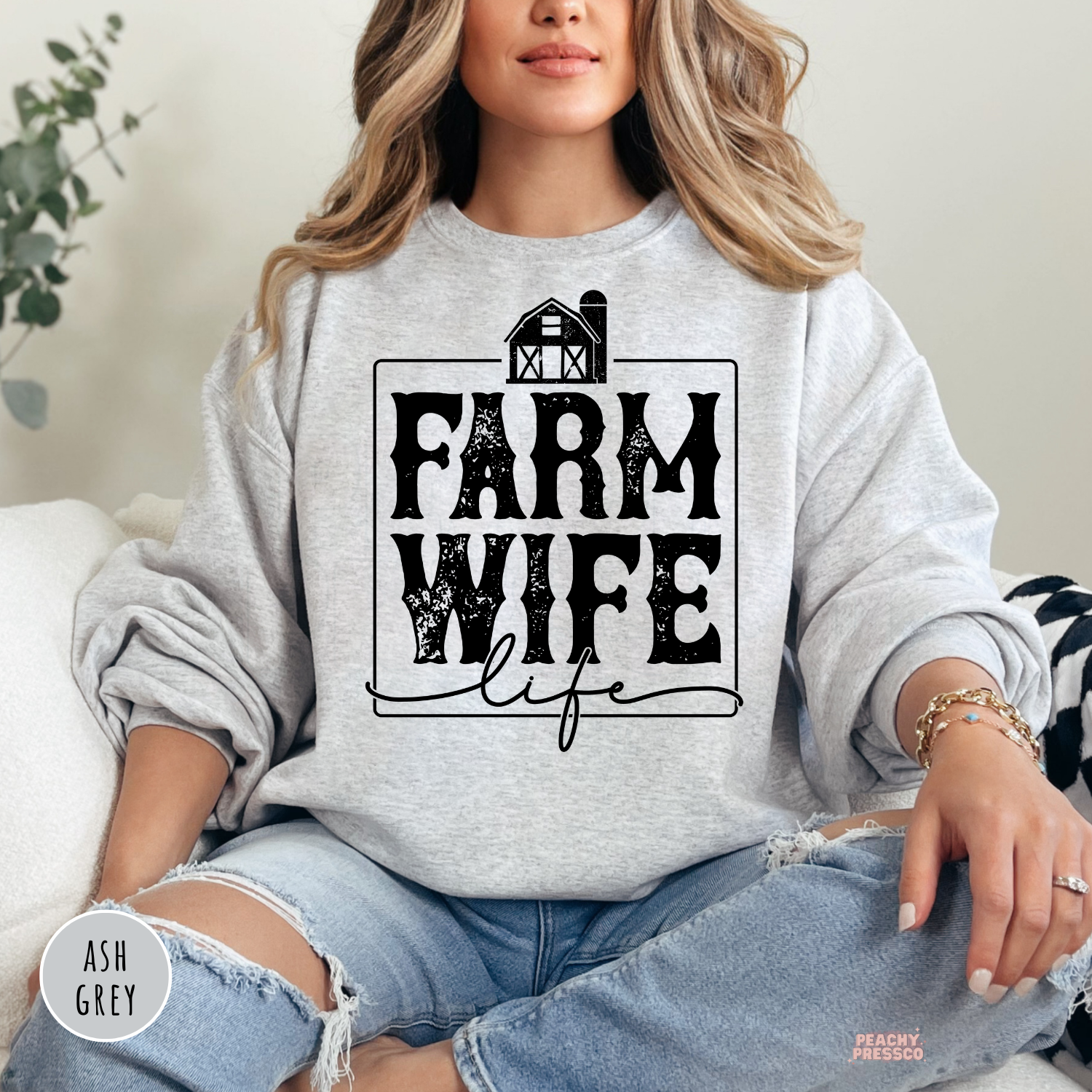 Ash grey Farm Wife Life sweatshirt featuring a distressed farmhouse graphic in a rustic western farmhouse style.