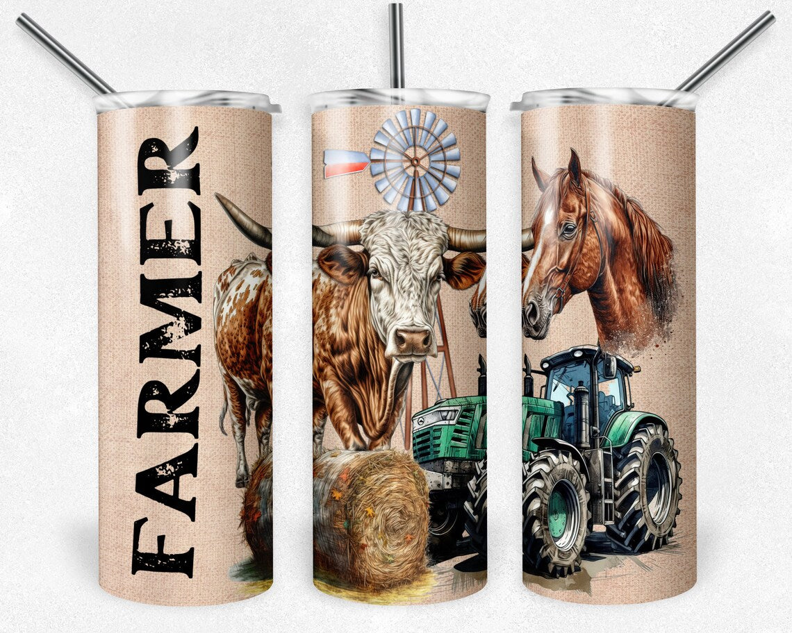Farm Life tumbler featuring vintage green tractor with rustic country farm artwork.