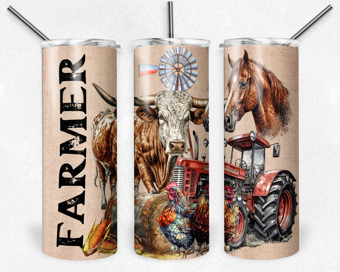 Farmer tumbler featuring vintage red tractor, horse, cattle, chickens, windmill, and rustic farm design.