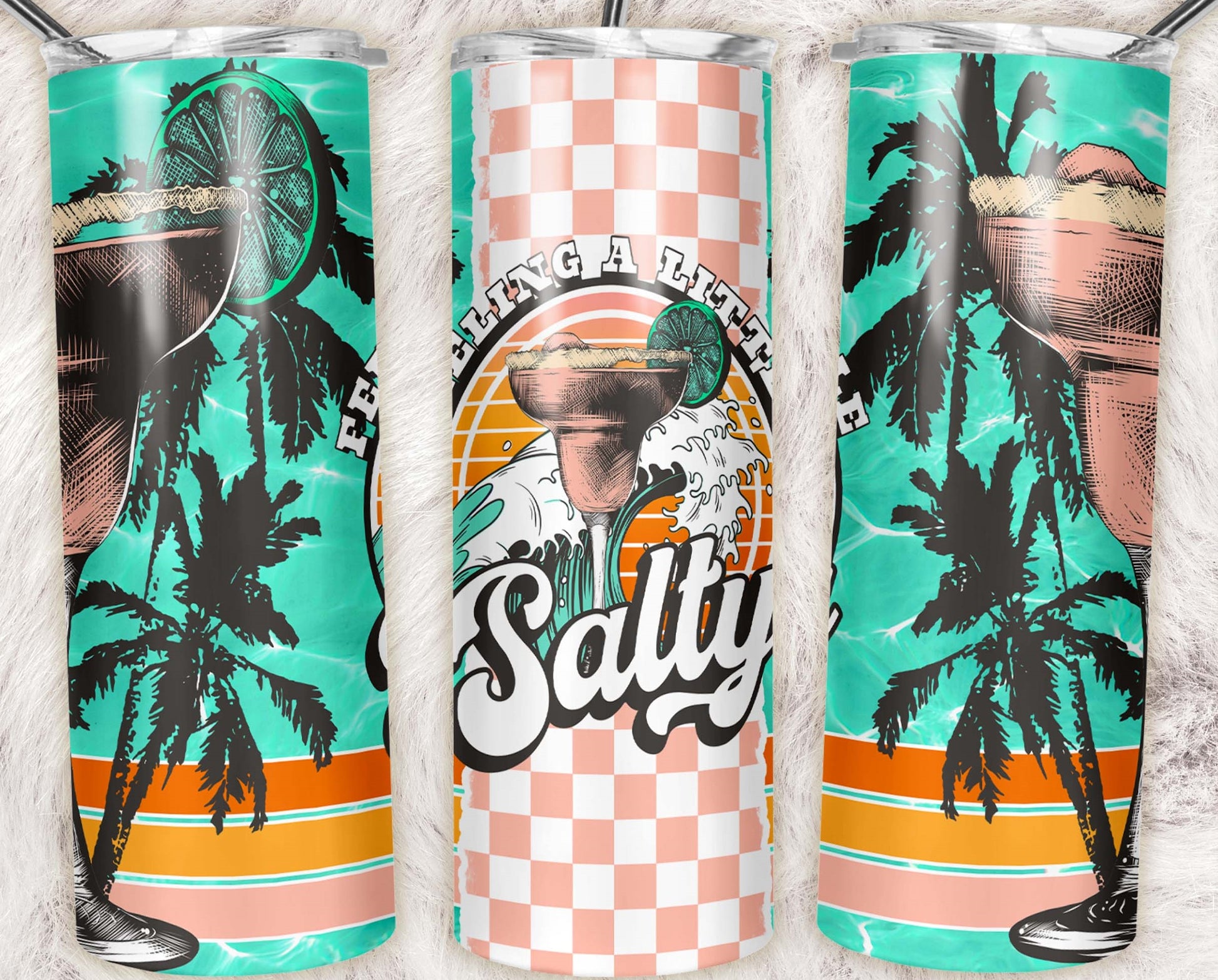 20oz stainless steel tumbler featuring a retro margarita cocktail, palm trees, beach waves, and "Feeling Salty" lettering in vibrant tropical colors. Great for beach lovers and margarita fans.