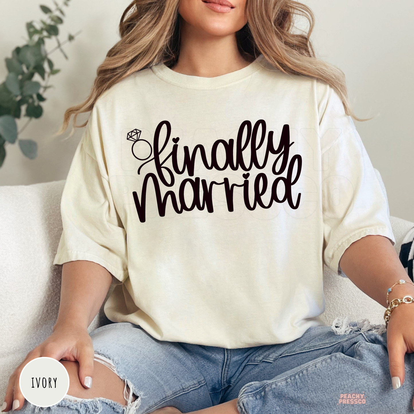 Ivory Comfort Colors t-shirt with the elegant "Finally Married" design and diamond ring graphic, perfect for brides, newlyweds, honeymoon outfits, and wedding gift ideas.