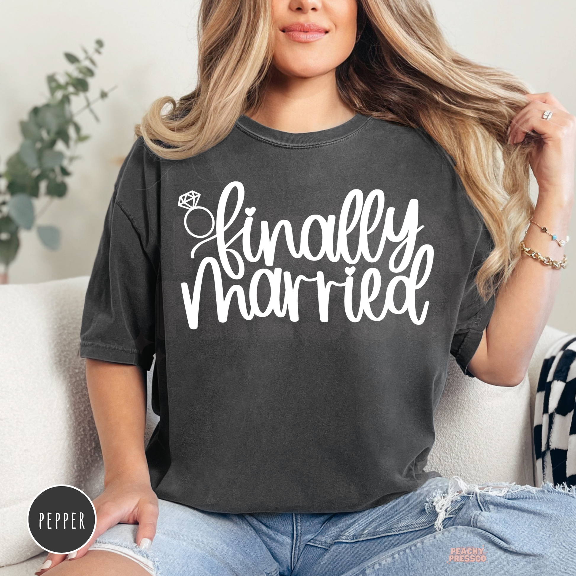 Pepper Comfort Colors t-shirt featuring the "Finally Married" design in white with a diamond ring illustration, perfect for honeymoon adventures, newlywed gifts, and post-wedding celebrations.