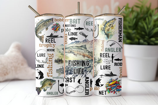 20oz skinny tumbler featuring bass fish, fishing lures, mountains, and "Fishing Life" typography for anglers.