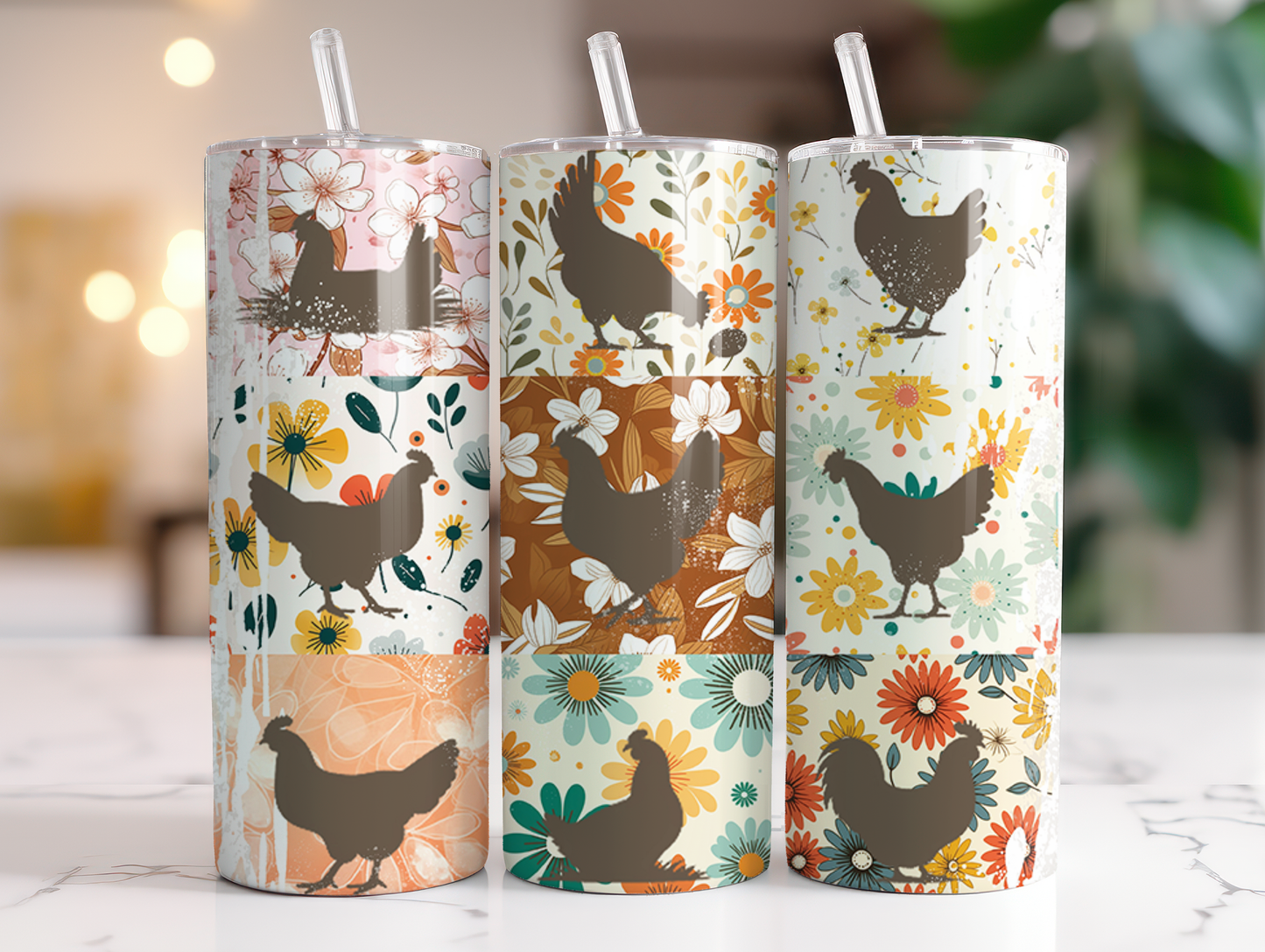 Farmhouse chicken tumbler featuring floral patchwork, vintage flowers, and chicken silhouettes in retro colors.