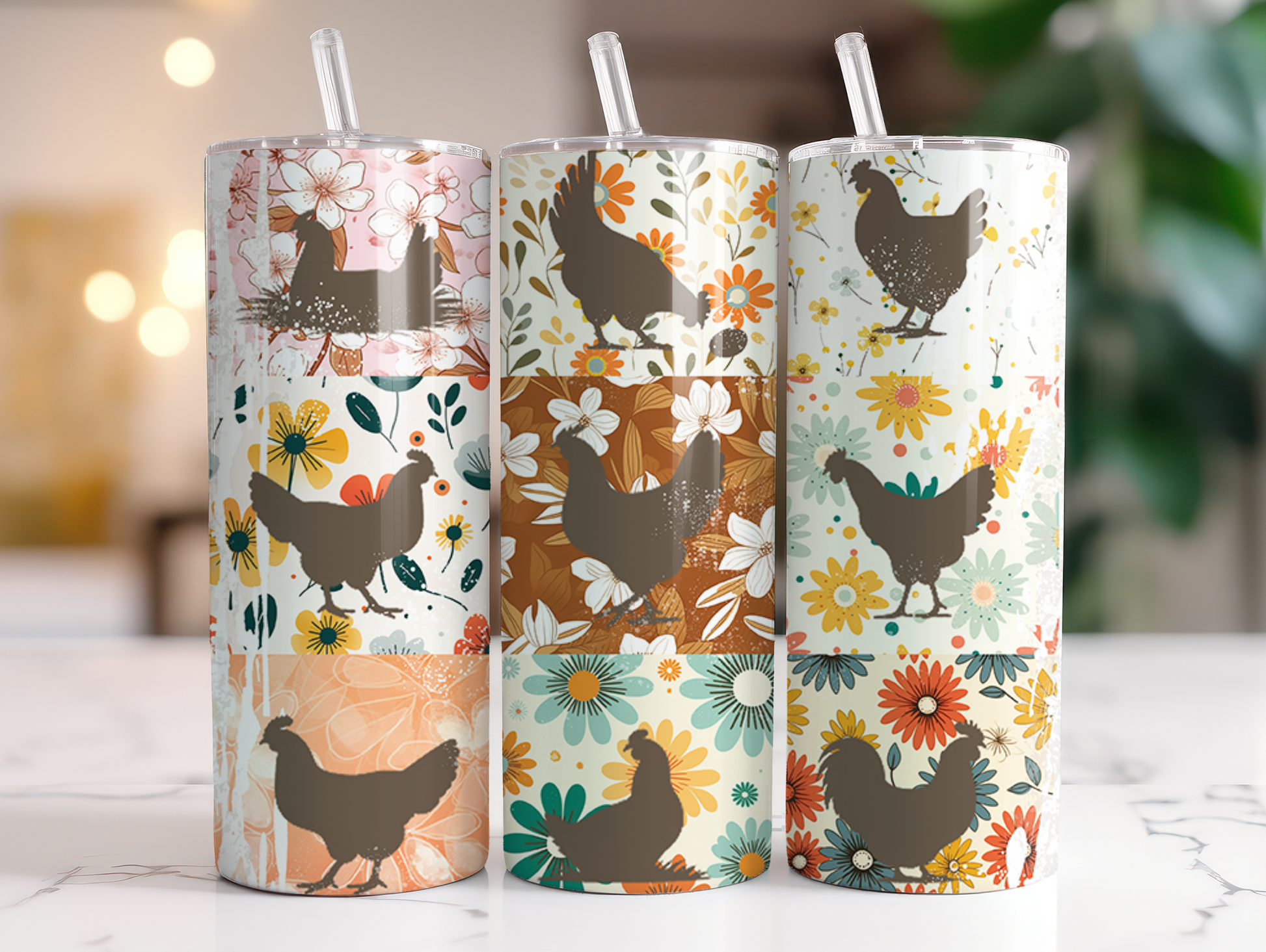 Farmhouse chicken tumbler featuring floral patchwork, vintage flowers, and chicken silhouettes in retro colors.