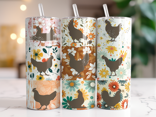 Farmhouse chicken tumbler featuring floral patchwork, vintage flowers, and chicken silhouettes in retro colors.