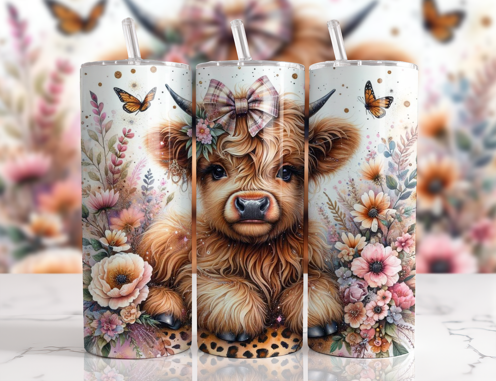 Adorable Highland cow with plaid bow surrounded by pastel flowers and butterflies on a whimsical 20oz skinny tumbler.
