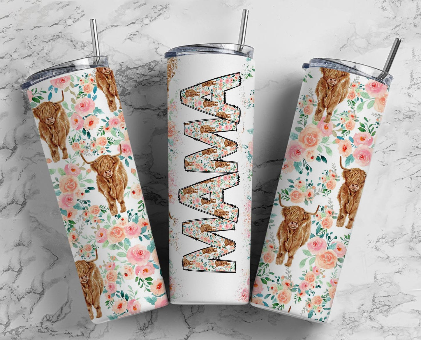 20oz skinny tumbler featuring floral Highland cows and a Mama design with pink watercolor flowers.
