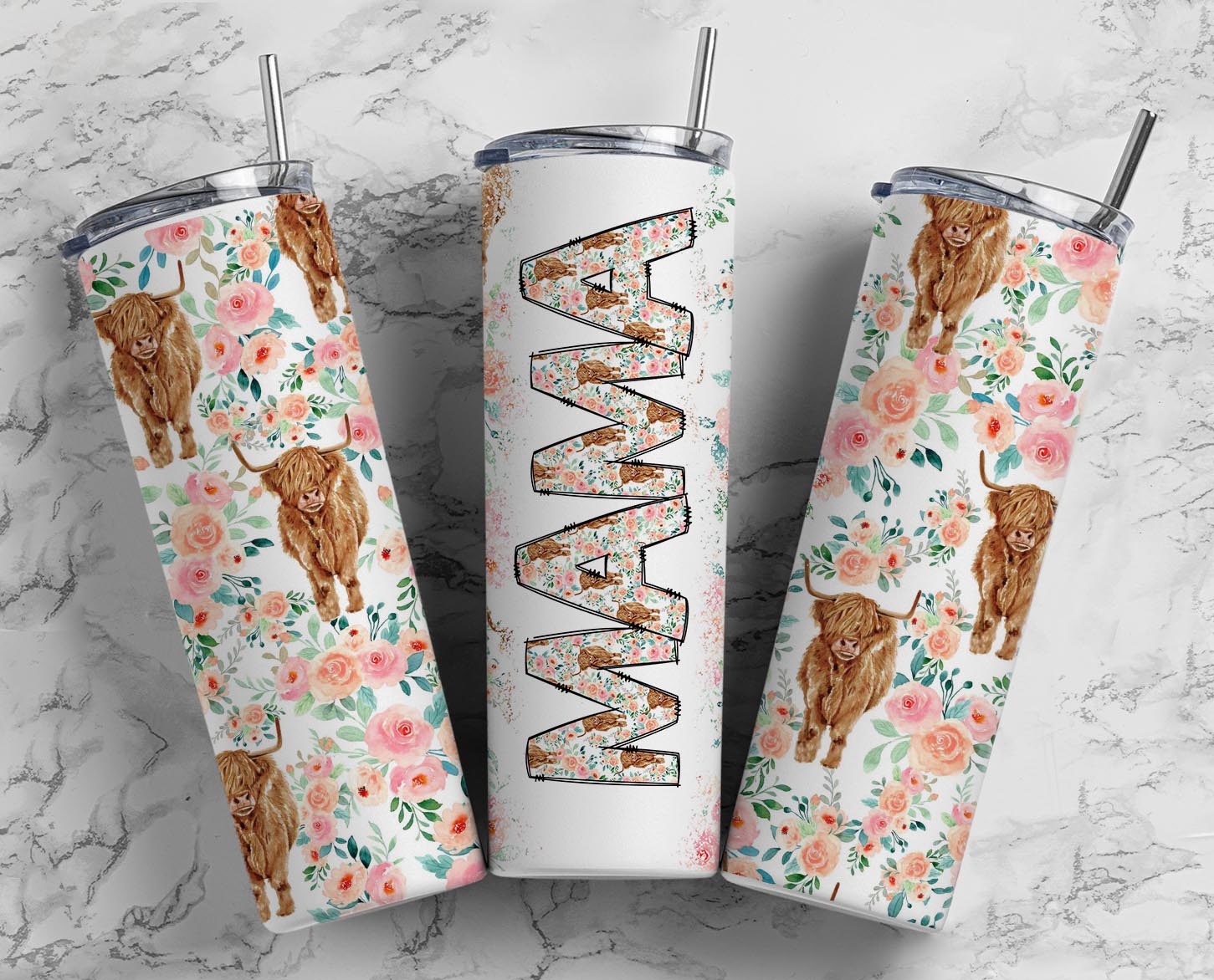 20oz skinny tumbler featuring floral Highland cows and a Mama design with pink watercolor flowers.