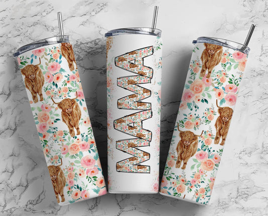 20oz skinny tumbler featuring floral Highland cows and a Mama design with pink watercolor flowers.