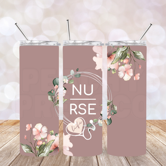 Floral nurse life skinny tumbler with blush flowers, eucalyptus leaves, stethoscope heart, and elegant minimalist nursing design.
