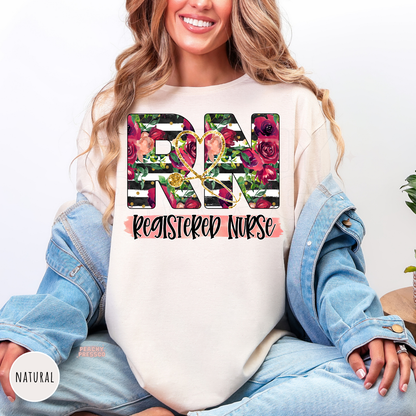 Natural color shirt with a floral RN Registered Nurse design featuring roses, stripes, and a stethoscope graphic.