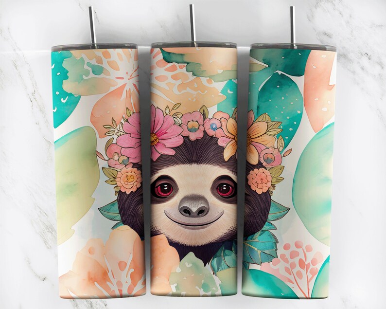 20 oz skinny tumbler featuring a smiling sloth wearing a colorful floral crown with soft watercolor tropical leaves. Includes clear lid and reusable straw.
