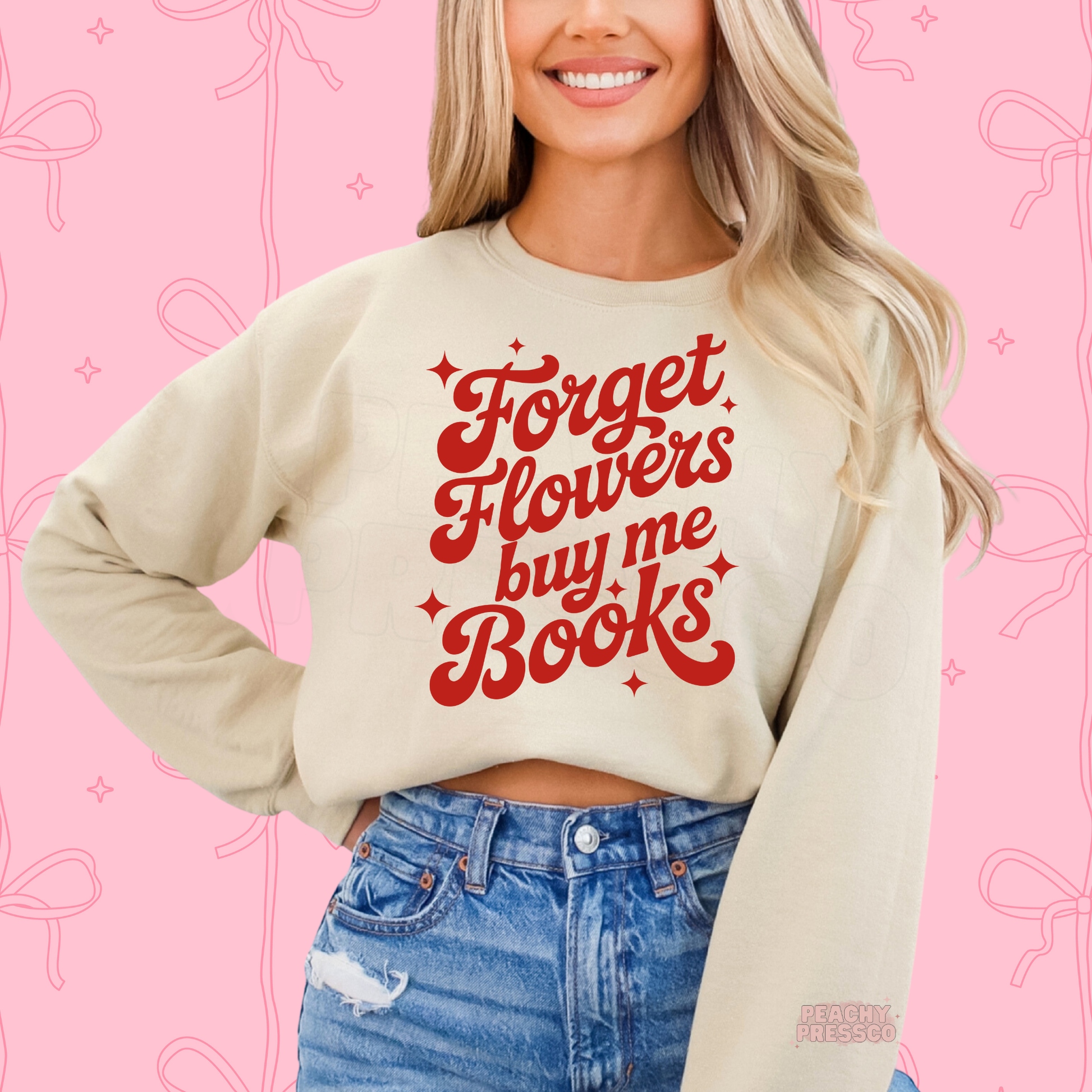 Sand crewneck sweatshirt showcasing the retro "Forget Flowers Buy Me Books" design, a cozy gift for book lovers and Valentine's Day.