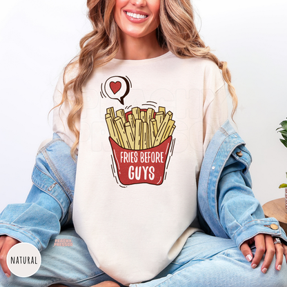 Natural shirt featuring a cute "Fries Before Guys" graphic with a red french fry carton and heart speech bubble.