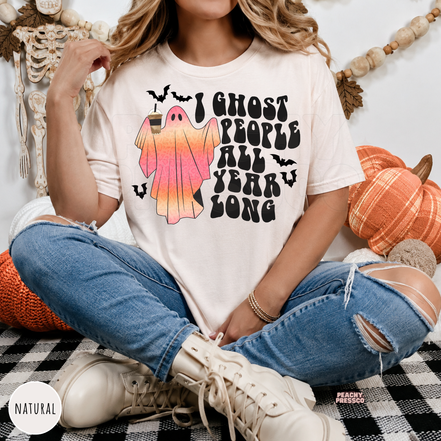 Natural Halloween shirt with funny I Ghost People All Year Long pink ghost, coffee cup and bat design