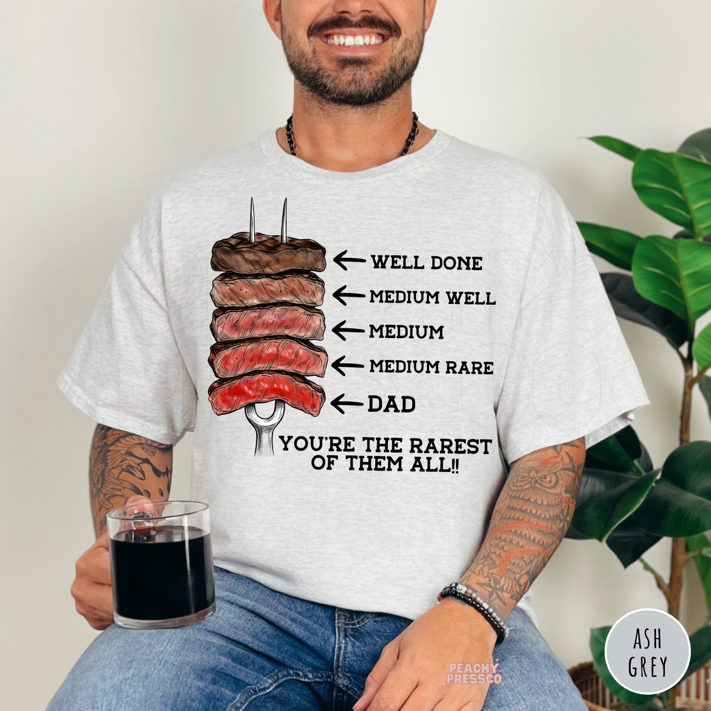 Ash Grey unisex t-shirt featuring a funny steak doneness chart with Dad as the rarest and "You're the Rarest of Them All" design.