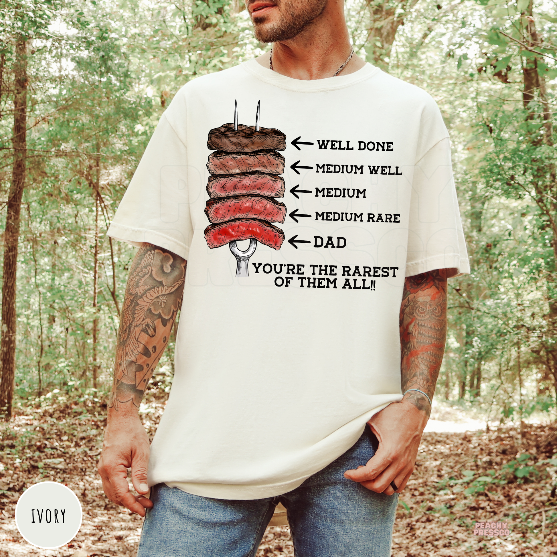 Ivory Comfort Colors t-shirt with a funny BBQ steak doneness chart design celebrating Dad as the rarest of them all.