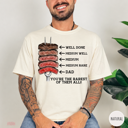 Natural t-shirt displaying a humorous steak doneness chart graphic with Dad as the rarest for grilling dads.