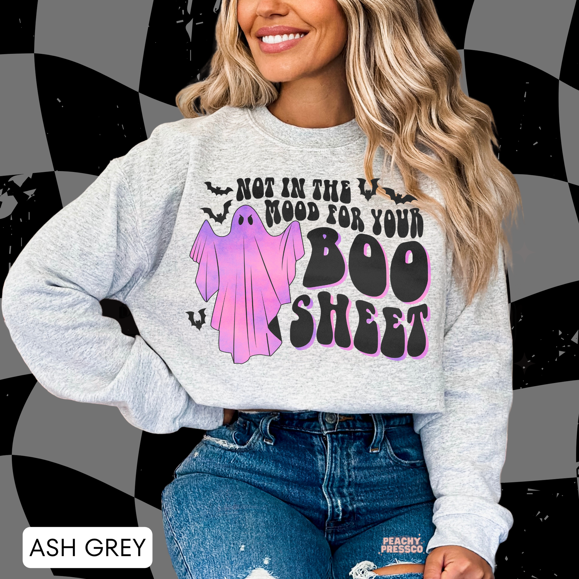 Ash grey Halloween sweatshirt featuring pink ghost, bats and funny Boo Sheet Halloween design