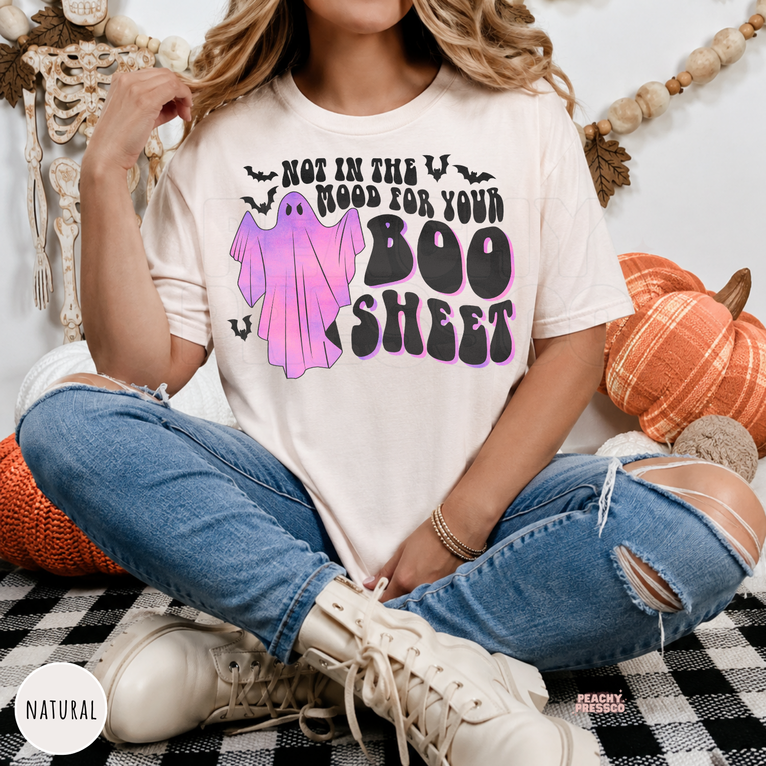 Natural Halloween shirt featuring a pink ghost and Not in the Mood for Your Boo Sheet retro graphic
