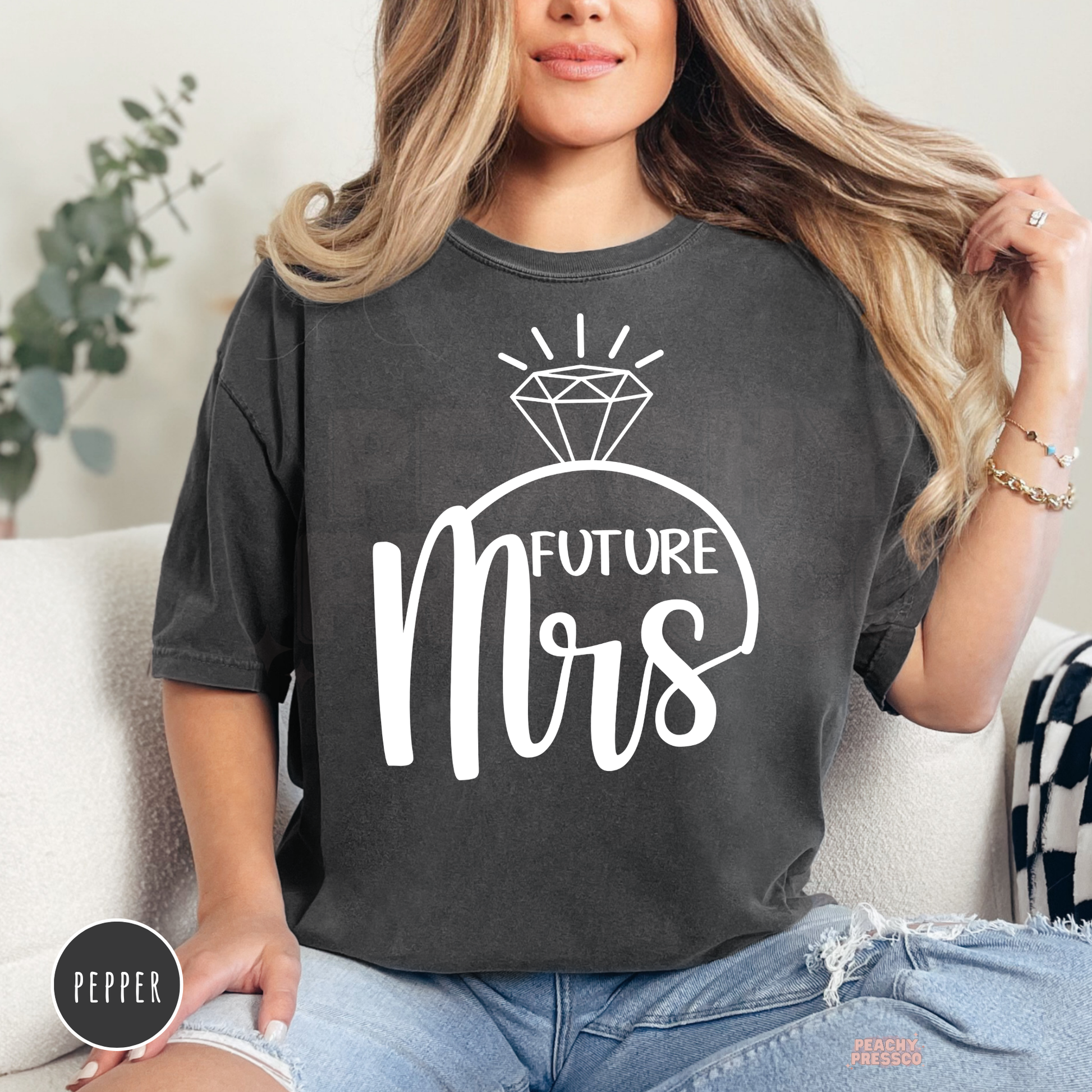Pepper Comfort Colors t-shirt featuring a white "Future Mrs" design with a diamond ring graphic, perfect for engaged women, bridal events, wedding planning, engagement photos, and honeymoon travel.