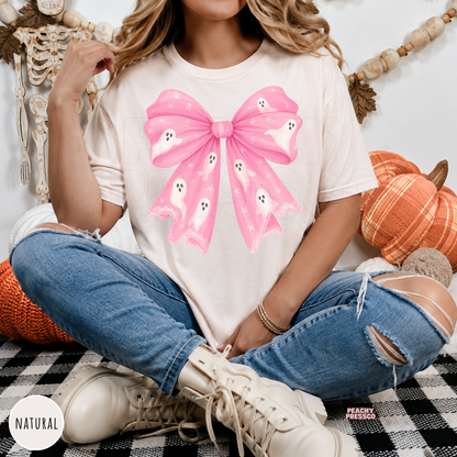 Natural Halloween T-shirt with a cute pink ghost bow design featuring white ghosts, stars and lace details