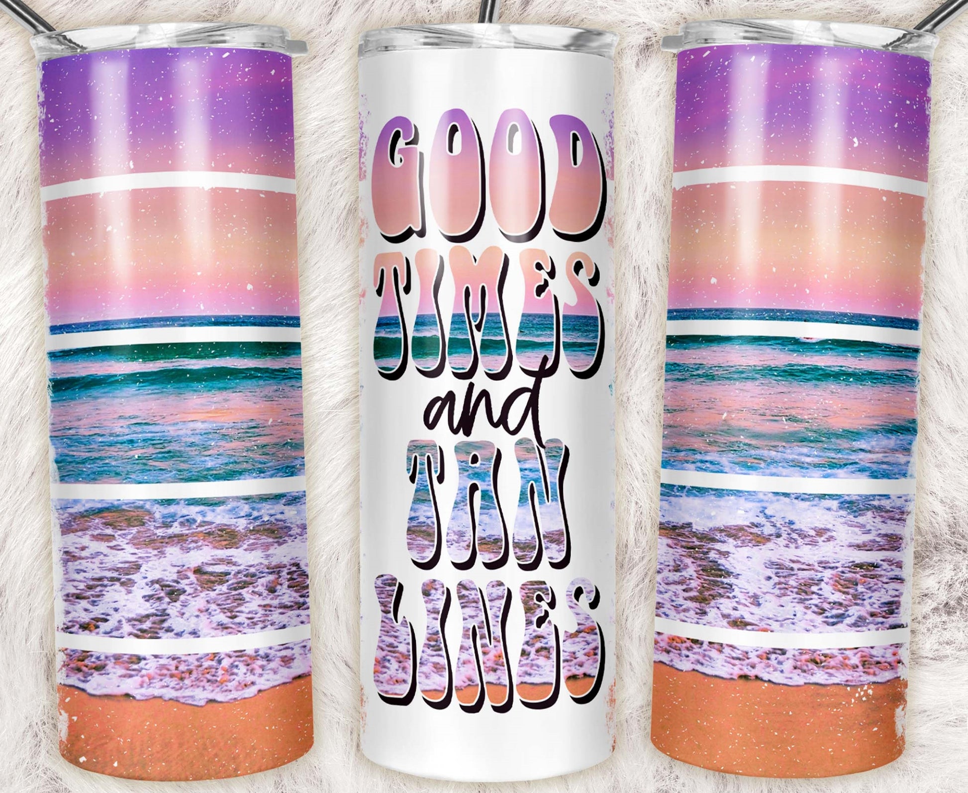 20oz stainless steel tumbler featuring a pastel beach sunset with ocean waves and bold "Good Times and Tan Lines" lettering. Perfect for summer vacations and beach days.