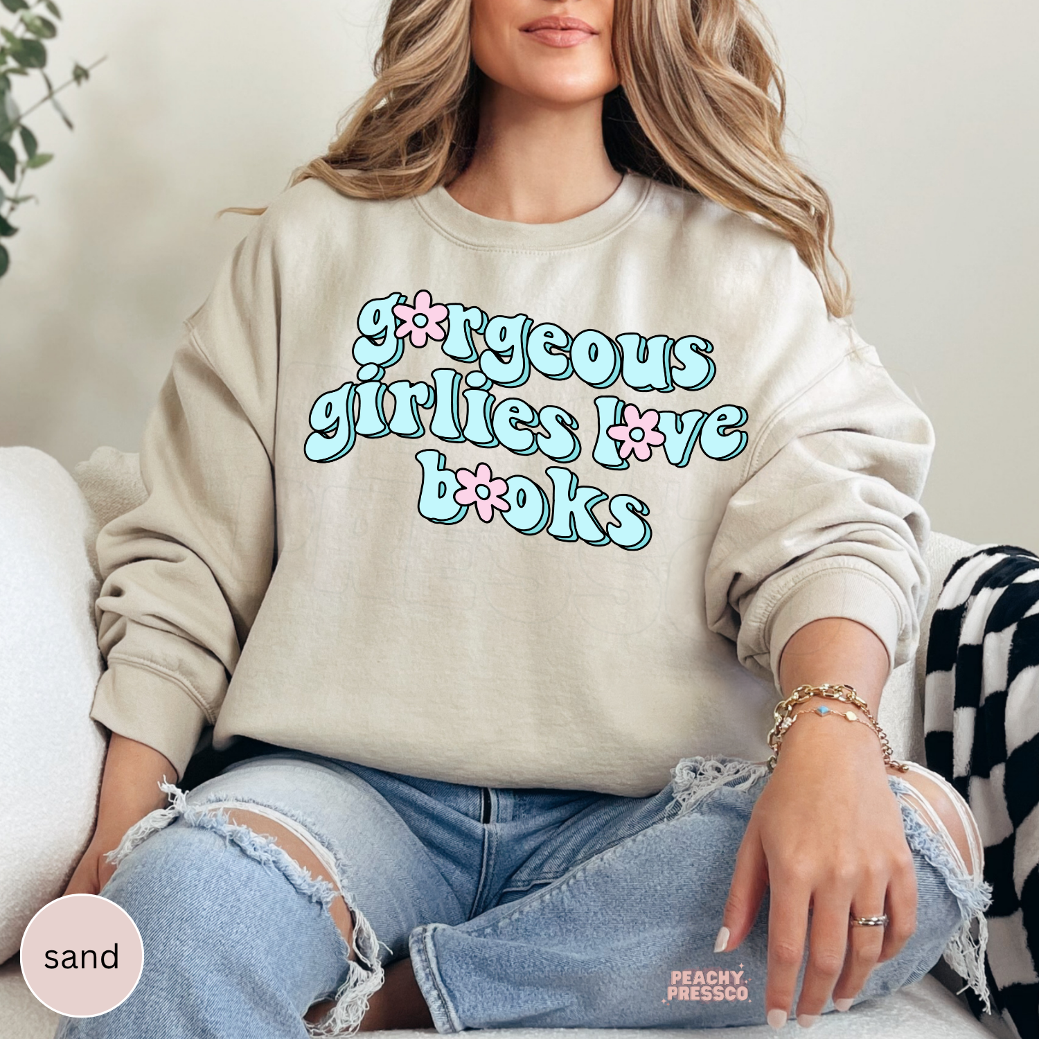 Sand crewneck sweatshirt featuring the "Gorgeous Girlies Love Books" graphic with retro pastel lettering for book lovers.