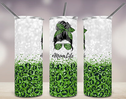 20oz skinny tumbler featuring green glitter leopard print with a Mom Life messy bun design, green sunglasses, and coordinating headband.