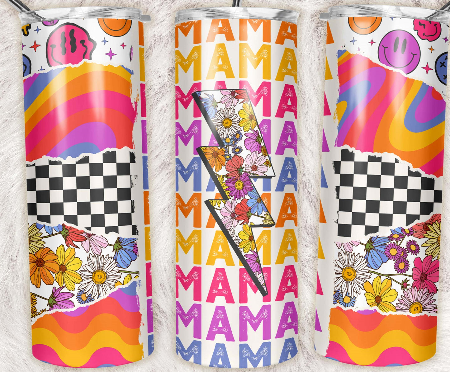20oz skinny tumbler featuring colorful retro groovy patterns, floral lightning bolt, checkerboard accents, and repeating Mama design.