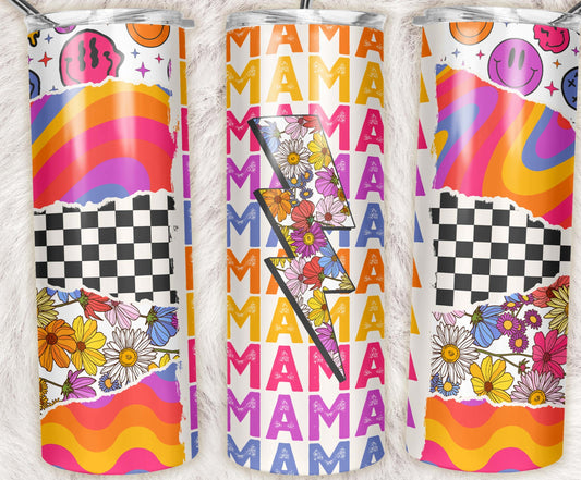 20oz skinny tumbler featuring colorful retro groovy patterns, floral lightning bolt, checkerboard accents, and repeating Mama design.