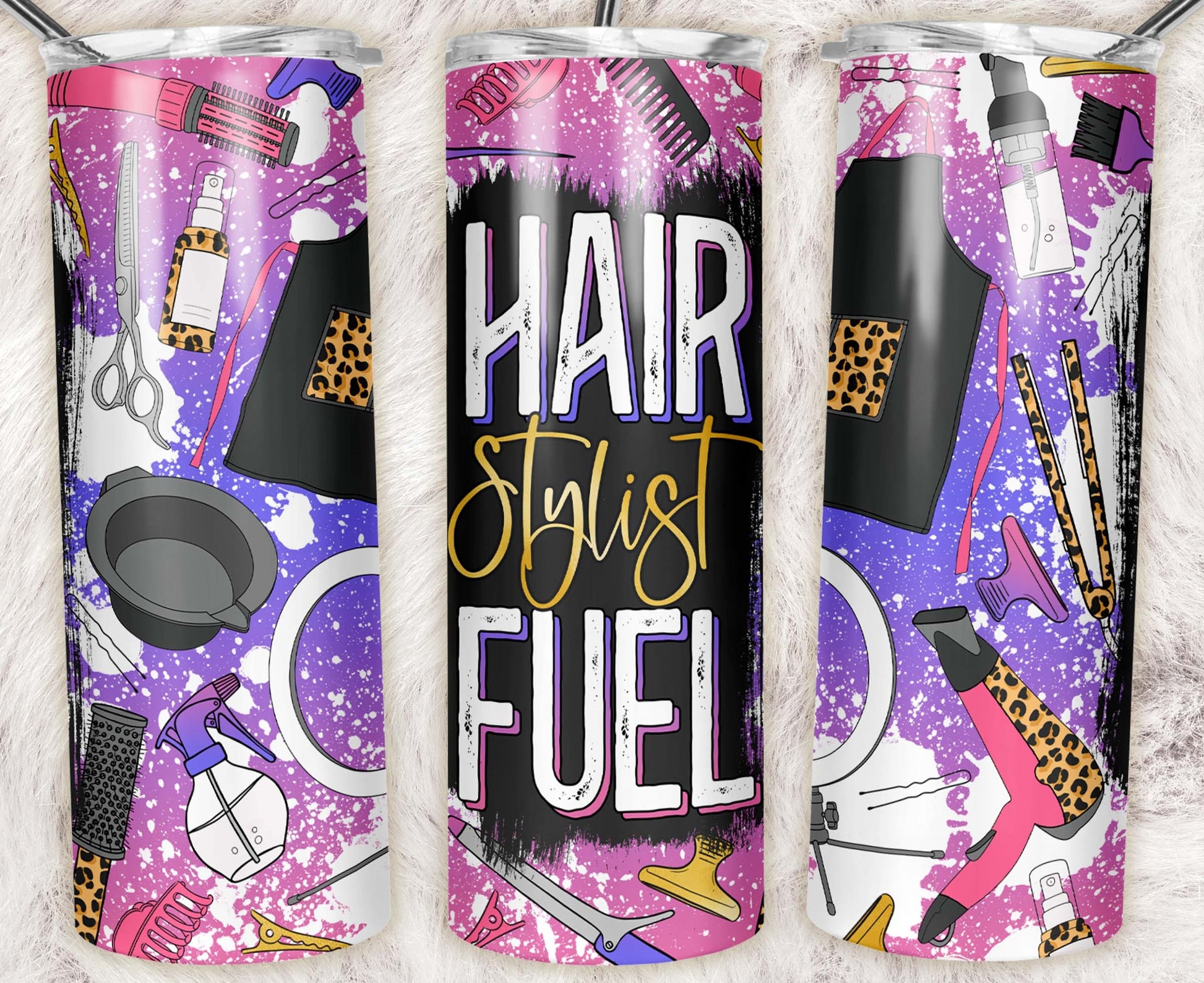 20oz skinny tumbler featuring a "Hair Stylist Fuel" design with leopard-print salon tools, spray bottles, combs, brushes, scissors, and hairstyling accessories on a purple background.