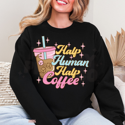 Black Half Human Half Coffee sweatshirt with a vibrant retro coffee graphic, iced coffee cup and pink sparkles.