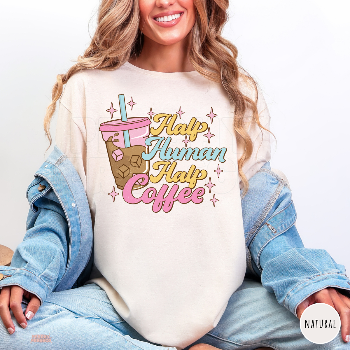 Natural Half Human Half Coffee shirt with a cute iced coffee cup, pink stars and colourful retro typography.